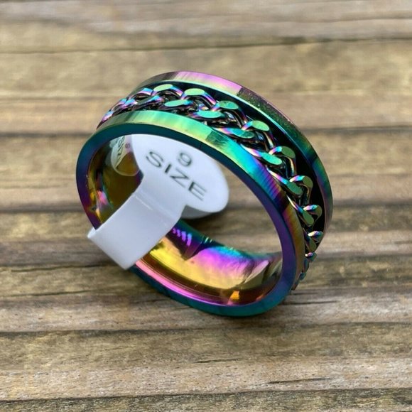 Multi Color Ring Fashion Unisex Ring Chain Style Men Women Rings Size 9 - Picture 2 of 10